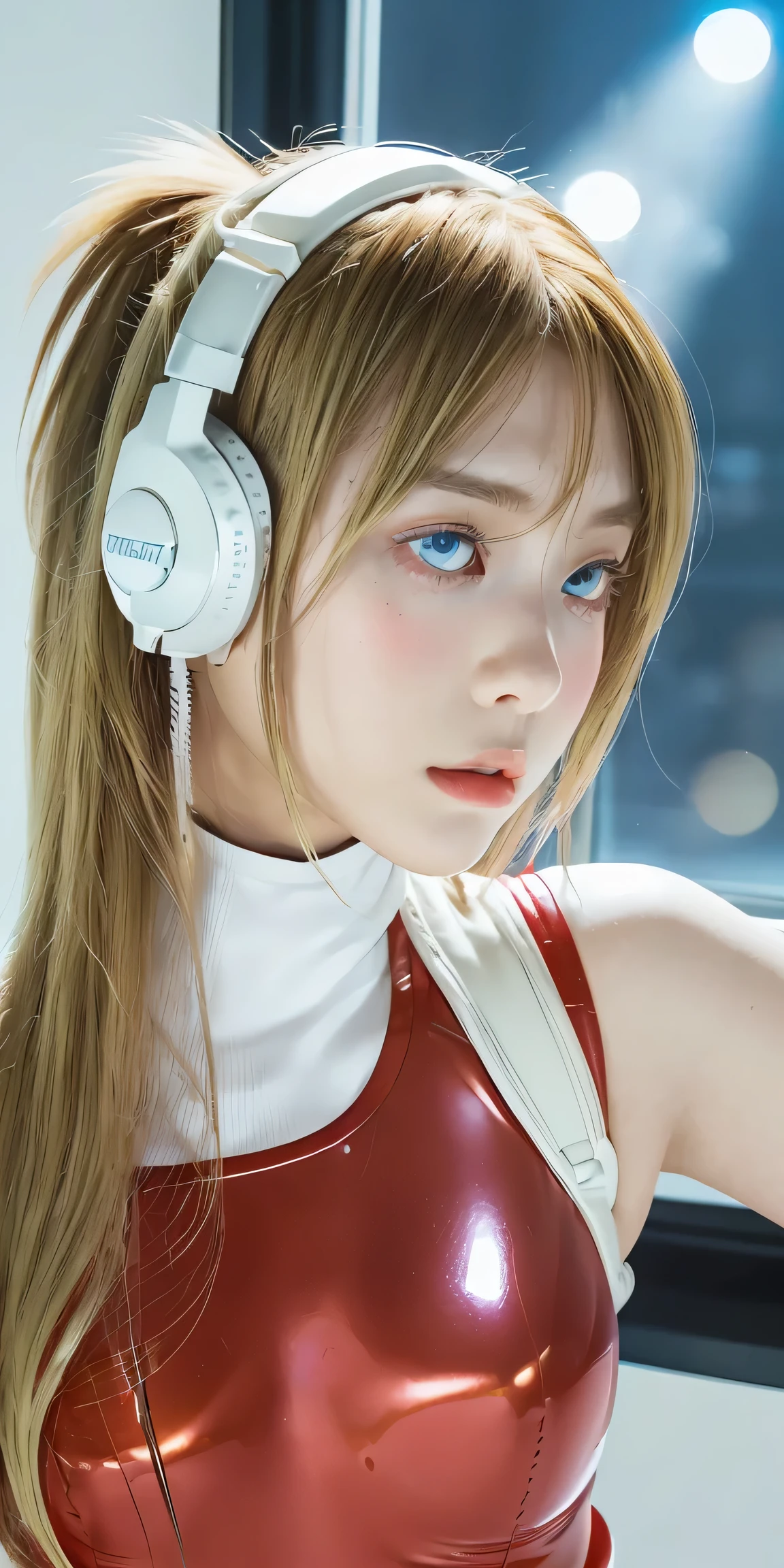 (Overhead view),dynamic angle,ultra-detailed, illustration, close-up, straight on, 1girl, 
 ((souryuu asuka langley, interface headset, red bodysuit:1.4, blonde)),Her eyes shone like dreamy stars,(glowing eyes:1.233),(beautiful and detailed eyes:1.1),(expressionless,closed mouth),(standing), 
(mechanic room with toolsand spaceship windowin a white SPACESHIP),
(night:1.2),dreamy, [[delicate fingers and hands:0.55]::0.85],(detail fingers),