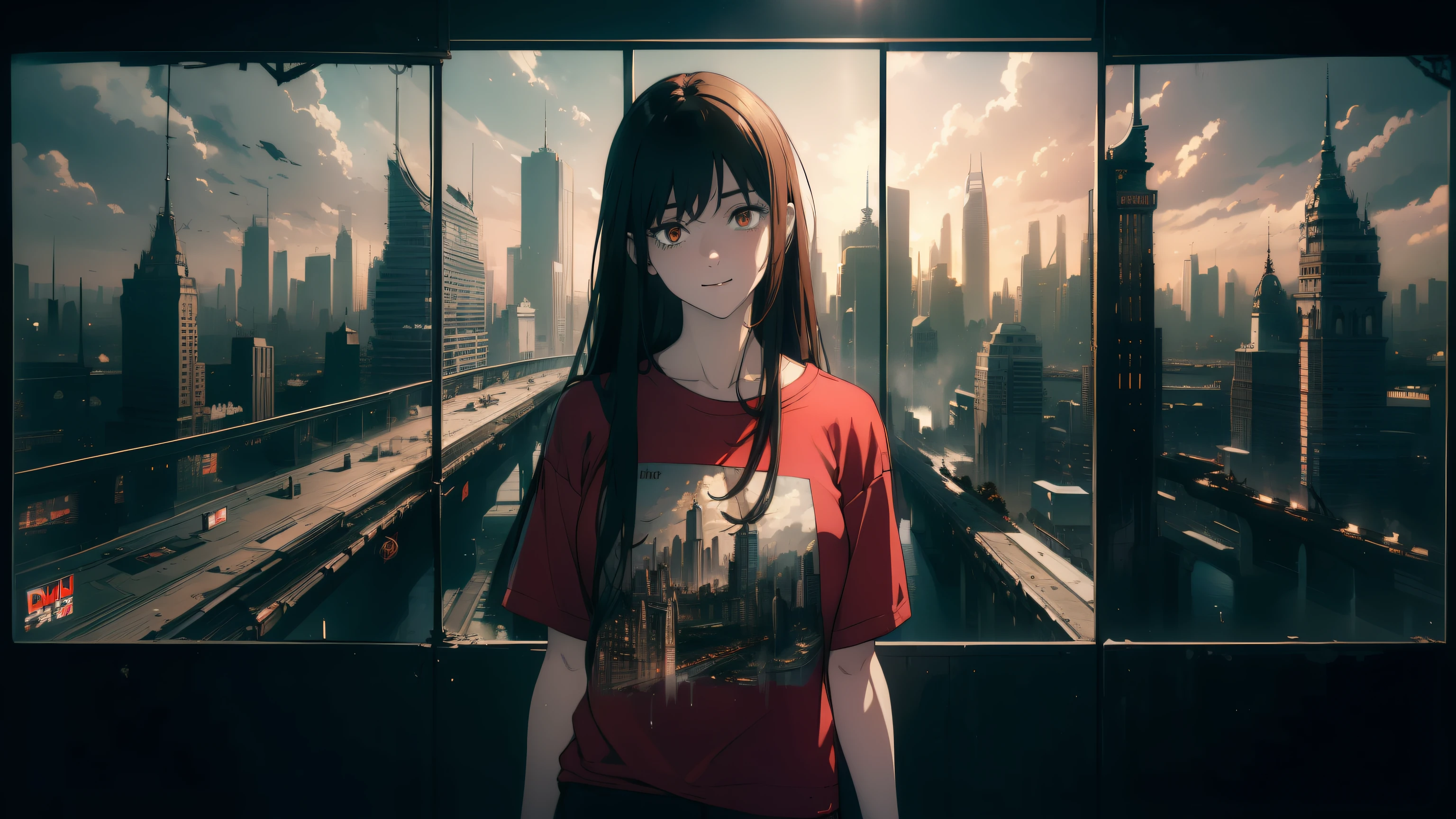 ((((masterpiece, best quality, ultra high resolution)))), 1 girl, standing, (Baggy red T-shirt, loose blue shorts), long back hair, long black hair, pale skin, ((shining brown eyes)), ((ultra fine eyes:1, Beautiful and dense face, fine eyes:0.5)), empty eyes, smile, (((Realistic cityscape)))