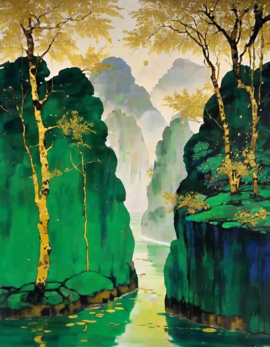 Gold Leaf Art，in style of Wu Guanzhong，A Thousand Miles of Rivers and Mountains，Use Azurite、Stone green coloring，Makes the rocks look heavy、Green，Bright picture、Richly，Strong color、brilliant。Sometimes the outlines of rocks are outlined with gold，Increase the magnificent effect，Known as &quot;Golden and Green Landscape&quot;。Gustav Klimt specialized in traditional oil paintings covered with gold leaf，Make the painting more modern。His works[kiss]It is a masterpiece of his golden period.，It is also a representative work of symbolism.。