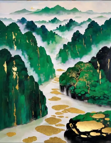 Gold Leaf Art，in style of Wu Guanzhong，A Thousand Miles of Rivers and Mountains，Use Azurite、Stone green coloring，Makes the rocks...