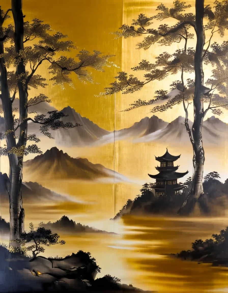 Gold Leaf Art，Gold leaf ancient tree screen，Combining scrolls and screens,Become a large-scale &quot;double-screen landscape&quot; installation,Ink painting on a gold folding screen,Sketch the lines one by one,Use freehand painting styles such as splashing ink，Lee writes on gold foil,The painting was changed to be composed on handmade silk made by experts in Kyoto。 Then, gold foil is applied to the trunk and branches.,Create a different flavor from the gold screen painting。 This new technique allows the shine to emerge from the trees in the painting.,Rather than from the background,The tree becomes the eye-catching protagonist。 In some works,The artist used fine sand to embellish the parts of the painting where gold foil was pasted.,Rich texture,Increase the visual level of the picture。