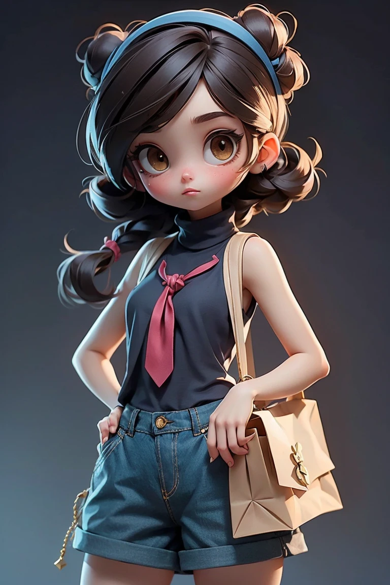 (masterpiece, best quality), 1 girl, Dark Brown Messy Top Knot with Ribbon Tie, small breasts, Dark blue flowing silhouette turtleneck sleeveless vest. and linen short paper bag shorts, only, Stand with hands in pockets, Staring into the distance curiously.