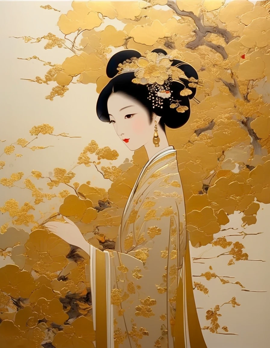 فن أوراق الذهب/فن أوراق الذهب，بنت，شفاف，بأسلوب Wu Guanzhong，