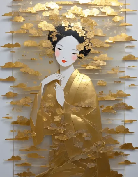 Gold Leaf Art/gold leaf art，girl，translucent，in style of Wu Guanzhong，in style of Barbara Takenaga