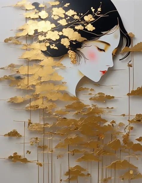 Gold Leaf Art/gold leaf art，girl，translucent，in style of Wu Guanzhong，in style of Barbara Takenaga