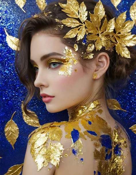 gold leaf art/gold leaf art，girl，translucent gold foil and klein blue，in style of barbara takenaga