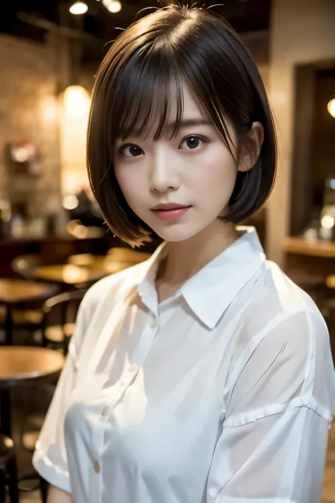 (((Cafe:1.3, indoor, Photographed from the front))), ((medium bob:1.3, great style:1.2, white shirt, japanese woman, cute)), (cl...