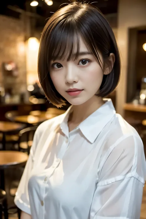 (((cafe:1.3, indoor, photographed from the front))), ((medium bob:1.3, great style:1.2, white shirt, japanese woman, cute)), (cl...