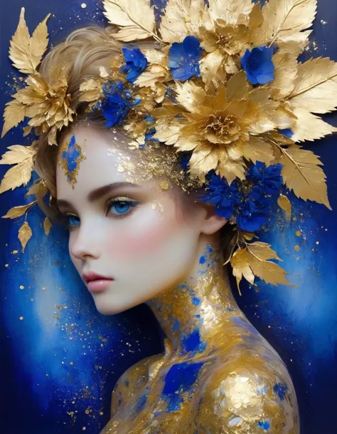 Gold Leaf Art/gold leaf art，girl，Translucent gold foil and Klein blue，in style of Barbara Takenaga