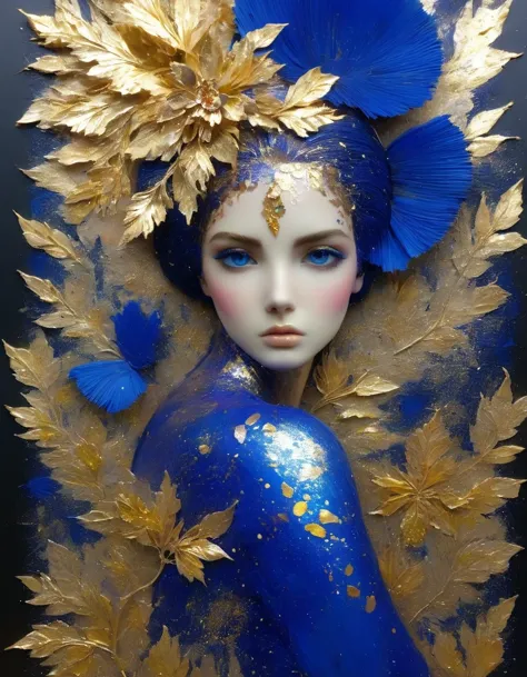 gold leaf art/gold leaf art，girl，translucent gold foil and klein blue，in style of barbara takenaga