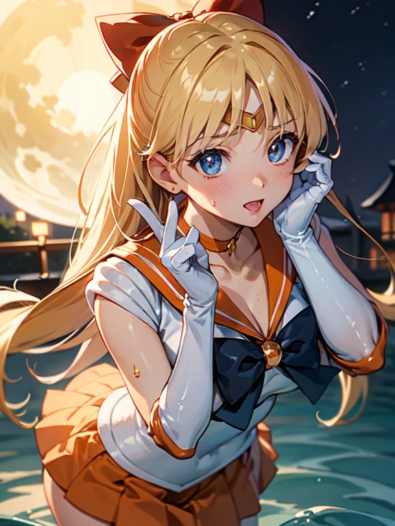 master piece,best quality,ultra detailed,8k, ambient light,realistic skin,glossy skin, 
（sv1, sailor senshi uniform, orange skirt, elbow gloves, tiara, orange sailor collar, red bow, orange choker, white gloves, jewelry）、（sailor senshi uniform）、
 （learning forword）、（looking up）、（from above）、Open your mouth wide and stick out your tongue、（the body is very wet：1.3）、slender、Slender body、normal bust、emphasizing the cleavage、 glossy lips、Slightly emphasize the lower lip、blush、embarrassed expression、
fantastic night sky、full moon、aurora、horizon、open-air bath、Japanese inn、Castle、futon