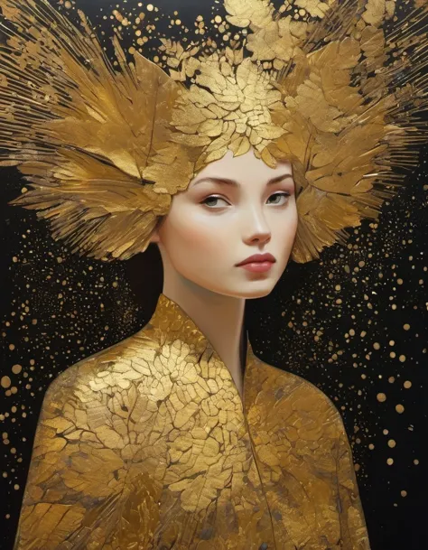 Gold Leaf Art/gold leaf art，girl，in style of Barbara Takenaga