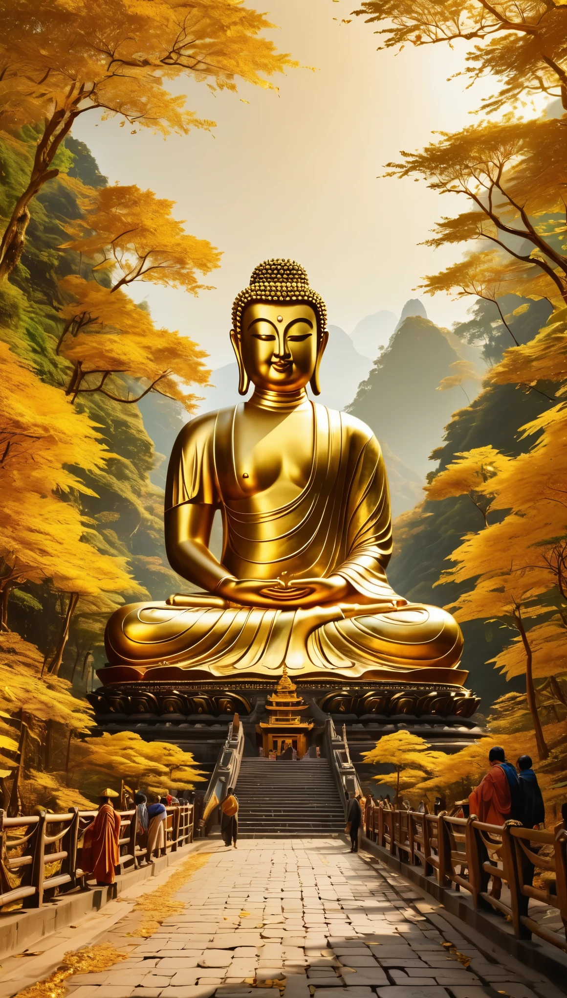 (gold leaf art:1.5)，Masterpiece, Best quality,  8K wallpaper, Very detailed, Buddha statue，A giant tall Buddha statue in the distance，Pilgrims on the road