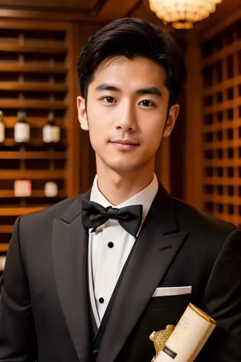 gorgeous japanese man in tuxedo ,sommelier, neat short black hair, sexy male supervisor, black suit, sommelier badge shining on ...