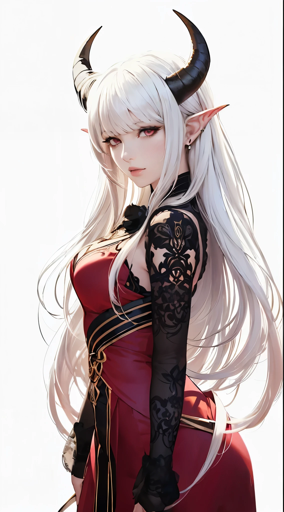 artwork, (Best quality), (Best illustration), perfect body adult woman, ((((beautiful horns on head)))), ((((Long white hair with bangs))))) bright red iris, beautiful and detailed eyes, pretty face, perfect face, beautiful delicate skin, pointed ears, detailed ears, wearing a beautiful and exquisite and super detailed dress.
