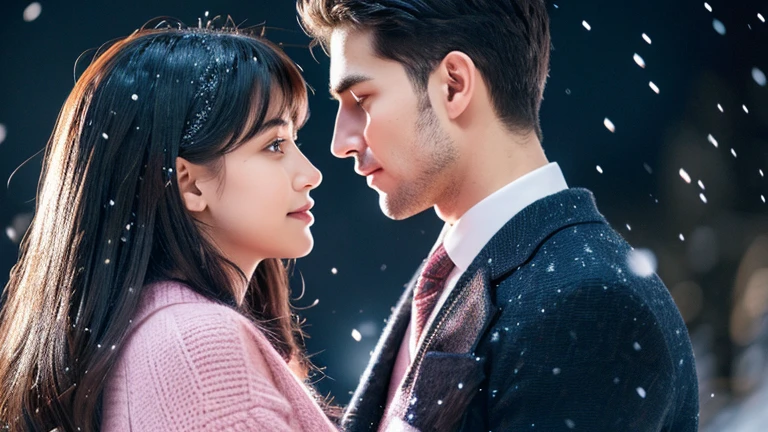 An 18 year old woman,black hair,brown eyes,home cut style,pink sweater. kissing with a (31 year old, 6'2 tall, muscular:1.1) man,wearing a (stylish, well-tailored) suit,snow background at night,with (soft snowflakes gently falling,sparkling snow-covered trees in the distance,faint moonlight shining on the snow:0.9),highres,(best quality,4k:1.2),(ultra-detailed,dynamic lighting),(realistic,photo-realistic:1.37),(vibrant colors:1.1),portrait style