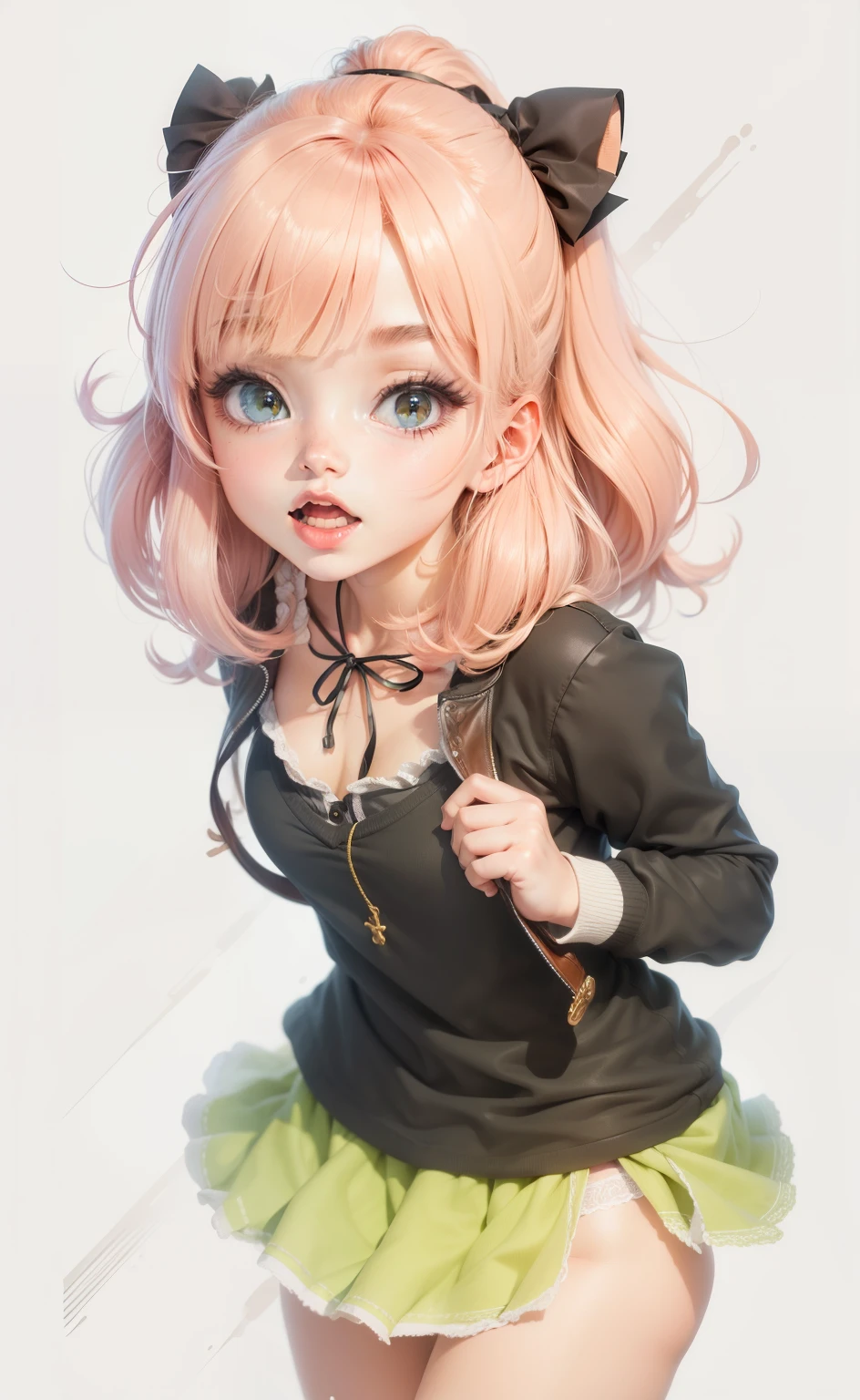 A close up of a doll with a green skirt and a black top - SeaArt AI