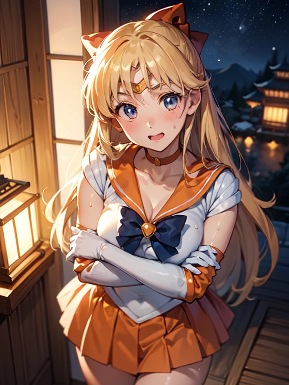 master piece,best quality,ultra detailed,8k, ambient light,realistic skin,glossy skin, 
（sv1, sailor senshi uniform, orange skirt, elbow gloves, tiara, orange sailor collar, red bow, orange choker, white gloves, jewelry）、（sailor senshi uniform）、Clothes are severely torn、
 （learning forword：1.3）、（selfie）、（from above）、（crossed arms）、wink、Open your mouth wide and stick out your tongue、（the body is very wet：1.3）、constriction、（delicate body：1.3）、normal bust、emphasizing the cleavage、 glossy lips、Slightly emphasize the lower lip、blush、embarrassed expression、
fantastic night sky、full moon、aurora、horizon、open-air bath、Japanese inn、Castle、futon