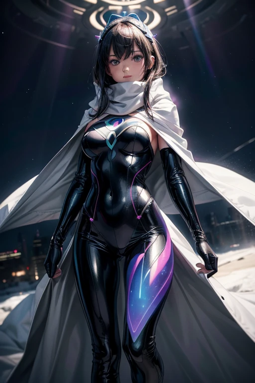 bust ((Half body)) hyperrealistic masterpiece, Superheroine Girl ((Weirdcore Aurora Aesthetic Style)) Extremely sophisticated high-tech tight plug suit ((With scarf & white cloak)), movie lighting: 8K