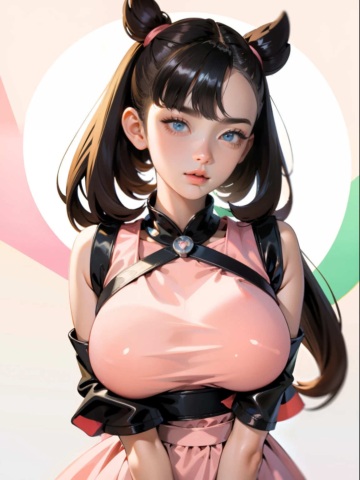 ((chef-d&#39;œuvre, Meilleure qualité)) Marnie, (pokémon), mignonsexyrobutts, dans une robe rose et une veste noire, pokémon trainer outfit, corps entier à un seul personnage, fille réaliste portant une robe rose, seulement la tête et les épaules, femme russe, femme adulte, hyperréaliste, style boobapad, fond blanc, Haut du corps, portrait, concentration sur la poitrine, 1fille, seins, large seins, asymmetrical frange, cheveux asymétriques , frange, huge seins.