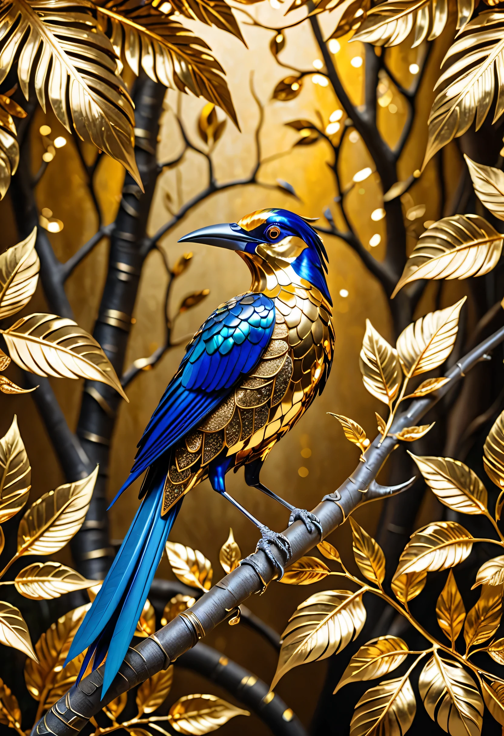 masterpiece, concept art, (beautiful and aesthetic:1.2), (gold leaf art:1.5), bird of paradise standing in a tree branch surrounded by gold leaves, gold leaf, gold and silver accessories, abstract background, zentangle, fractal art, studio lighting, epic composition, epic proportion, 8k,