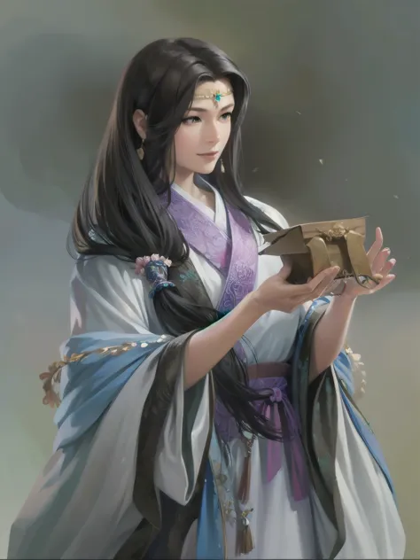 Close-up of a woman holding a box in her hands, beautiful figure painting, by Qu Leilei, inspired by trees, flowing hair and gow...