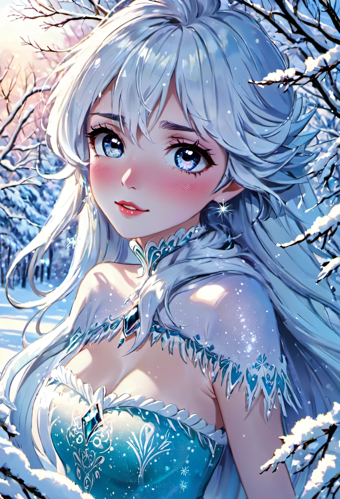 (mejor calidad, high resolution), Elsa de Frozen (hermosos ojos detallados, hermosos labios detallados, ojos y rostro extremadamente detallados, long eyelashes), sosteniendo un copo de nieve suavemente con sus manos, en un paisaje nevado (snow-covered trees, copos de nieve brillantes) , with a feeling of romance and tenderness. The artwork is rendered in a photo-animated Japanese light novel style, with vibrant colors and soft lighting to enhance the magical atmosphere.