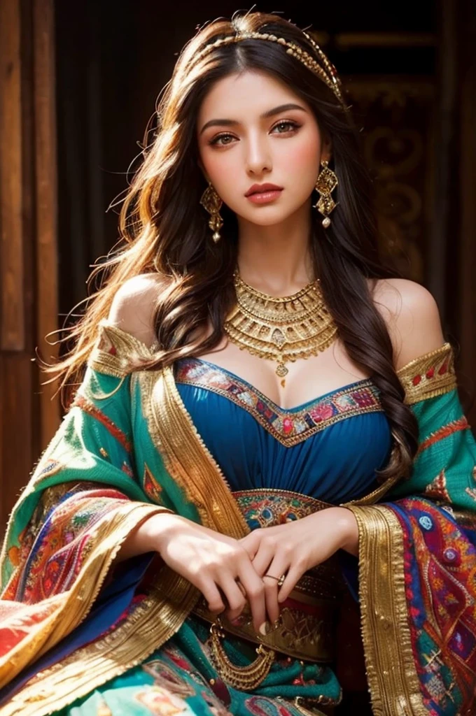 (a beautiful gypsy woman, well made up and dressed in traditional gypsy clothing), oil painting, vibrant colors, intricate patterns, golden jewelry, expressive eyes, flowing dark hair, confident posture, mysterious background, soft lighting, high quality, realistic rendering, bhagyashree, big gold crown on head