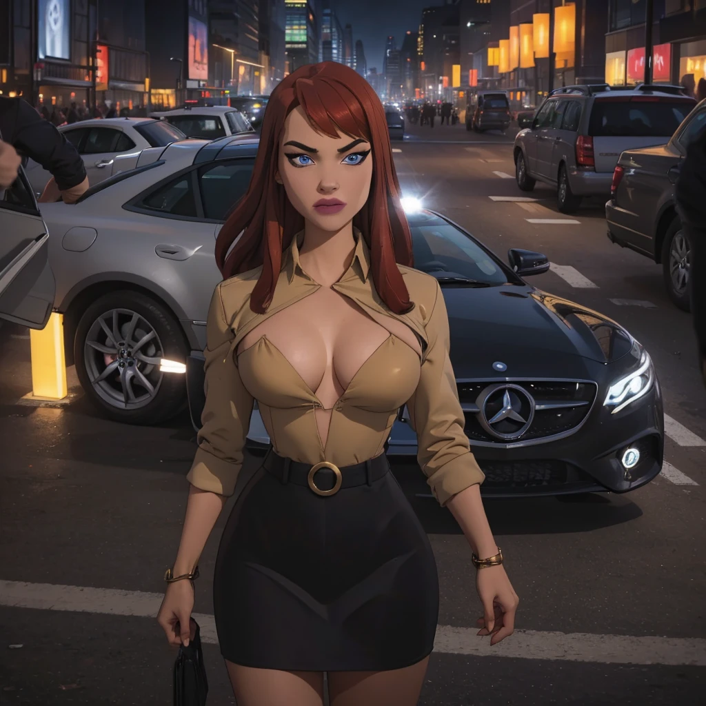 sexy girl with blue eyes, ultra realistic, meticulously detailed, at the car, red hair and large eyes, selfie of a young woman, grey skirt, natural makeup, looking directly at the camera, face with artgram, subtle makeup, stunning full body shot, next of the Mercedes-Benz ((black and gold car))), medium to large size bust, midnight weather, view of the streets, new york city, los angeles, full body photo, whole person in the picture, photo shot on iphone, hyper realistic photo, ultra sharp, real life footage, instagram post photo, girl having fun, high quality of the photo,4k , ultra4k moonlight, selfie, people in the background, car in the background, around people, tight black bra big  and mini grey skirt , lovely face long red hair blue eyes