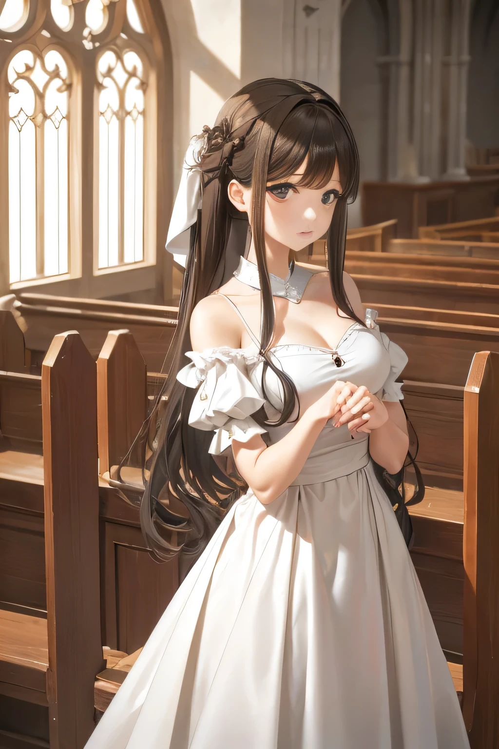 chunmomo, (masterpiece, best quality:1.2), soft light, 1girl, solo, delicate face, Detailed skin, long black hair, ,evening gown,church,cathedral