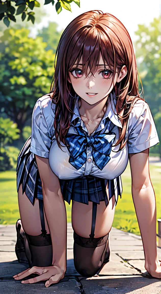 (masterpiece:1.2, highest quality), ultra high resolution, super detailed, (realistic, photorealistic:1.4), beautiful illustrations, perfect lighting, colorful, Depth of the bounds written, 
looking at the viewer, full body, Front view:0.6, 1 girl, alone, Japanese, high school girl, Improve, (big breasts:0.8, big ass, seductive thighs, skin dents),
(long hair:1.5, half up, half updo), brown hair, bangs, hair between eyes, parted lips, (Very tanned and shiny skin), 
beautiful hair, beautiful face, highly detailed face, detailed and beautiful eyes, beautiful clavicle, beautiful body, beautiful breasts, beautiful thighs, beautiful feet, beautiful fingers, 
(beautiful scenery), daytime, outdoor,
((collared short sleeve shirt, white shirt, , Grey plaid pleated skirt, blue plaid bow tie, wearing a sexy garter belt)), white panties, 
(crawl on all fours, sexy pose), (enchanting smile), 