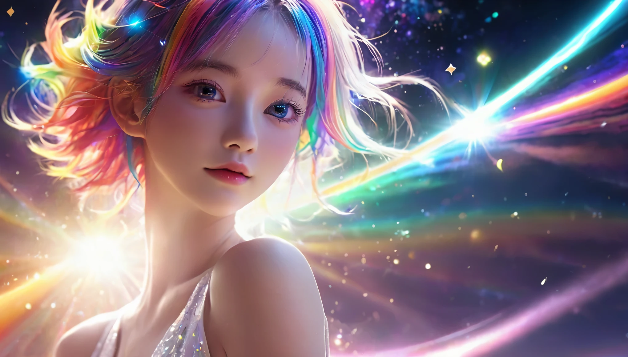 {{masterpiece}}, highest quality, Highly detailed CG integrated 8k wallpaper, movie lighting, Lens flare, beautiful detail eyes, black,  Side view,  multicolored hair, Rich and colorful light, particle, 16 years old、girl、laugh fearlessly、Rainbow Hair、White clothes、Big Bang Girl,The edge of the universe can be seen on the lining、dark matter、energy、Retro and psychedelic、Create miracles with a single photon、From Blink to Quasar、It&#39;s too bright to keep looking、The Super Burst is what draws you in