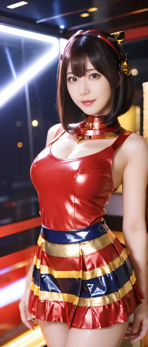 Sexy Cyber Idol Girl、whole body、good style、、、、Shiny red and gold striped mini dress、、colorful hair、、、、Cyber City、