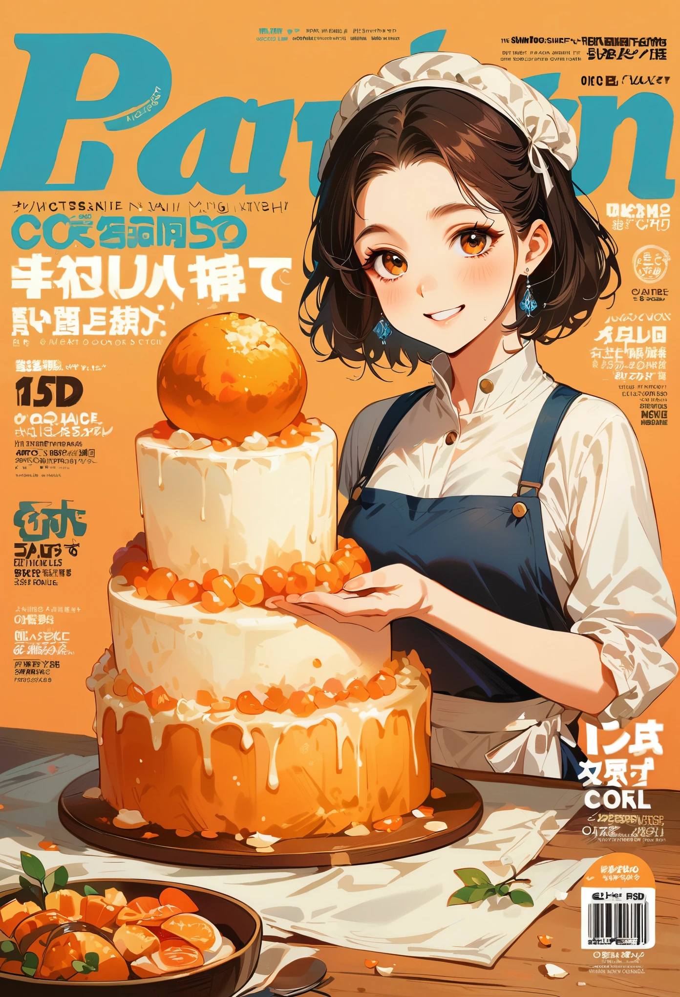 (best quality,masterpiece:1.2),woman cooking magazine cover,1 girl,20 years old,stunning,adorable,warm smile,sandglass figure,floral dress,apron,food,text,charts,magazine title
