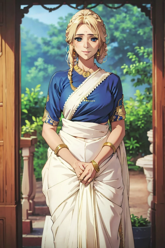 masterpiece, best quality, highres, violet evergarden, blond hair, braid hair, jewelry, onam saree, blue blouse, white saree, standing, looking at the camera, slight smile, alone, ultra detailed, high quality, model in the middle of frame