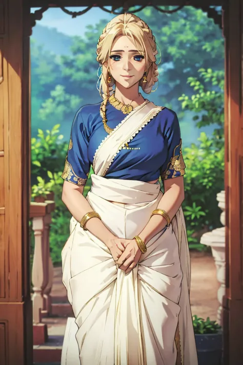 masterpiece, best quality, highres, violet evergarden, blond hair, braid hair, jewelry, onam saree, blue blouse, white saree, st...