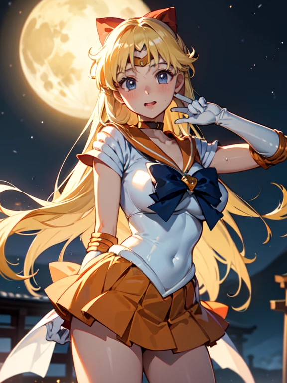master piece,best quality,ultra detailed,8k, ambient light,realistic skin,glossy skin, 
（sv1, sailor senshi uniform, orange skirt, elbow gloves, tiara, orange sailor collar, red bow, orange choker, white gloves, jewelry）、（sailor senshi uniform）、Clothes are severely torn、
 （cowboy shot）、（arched back:1.2）、（from front）、Open your mouth wide and stick out your tongue、（the body is very wet：1.3）、constriction、（delicate body：1.3）、normal bust、emphasizing the cleavage、 glossy lips、Slightly emphasize the lower lip、blush、embarrassed expression、
fantastic night sky、full moon、aurora、horizon、open-air bath、Japanese inn、Castle、futon