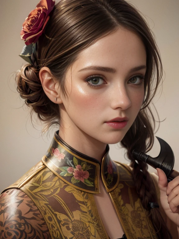 Charlie Bowater&#39;s realistic lithographic sketch portrait of a woman, flowers, [Equipment], pipe, diesel punk, Multicolored ribbons, old paper texture, very detailed