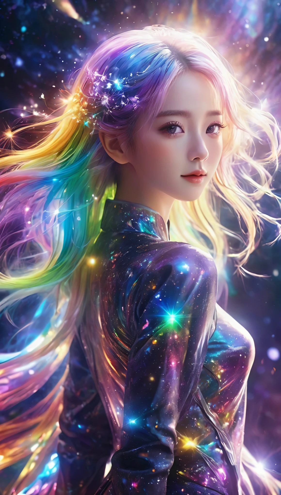 floating in space、whole body、reach out, highest quality, Highly detailed CG integrated 8k wallpaper, movie lighting, Lens flare, beautiful detail eyes, black,  Side view,  multicolored hair, Rich and colorful light, particle, 16 years old、girl、laugh fearlessly、Rainbow Hair、Big Bang Girl,The edge of the universe can be seen on the lining、dark matter、energy、Retro and psychedelic、Create miracles with a single photon、From Blink to Quasar、It&#39;s too bright to keep looking、The Super Burst is what draws you in