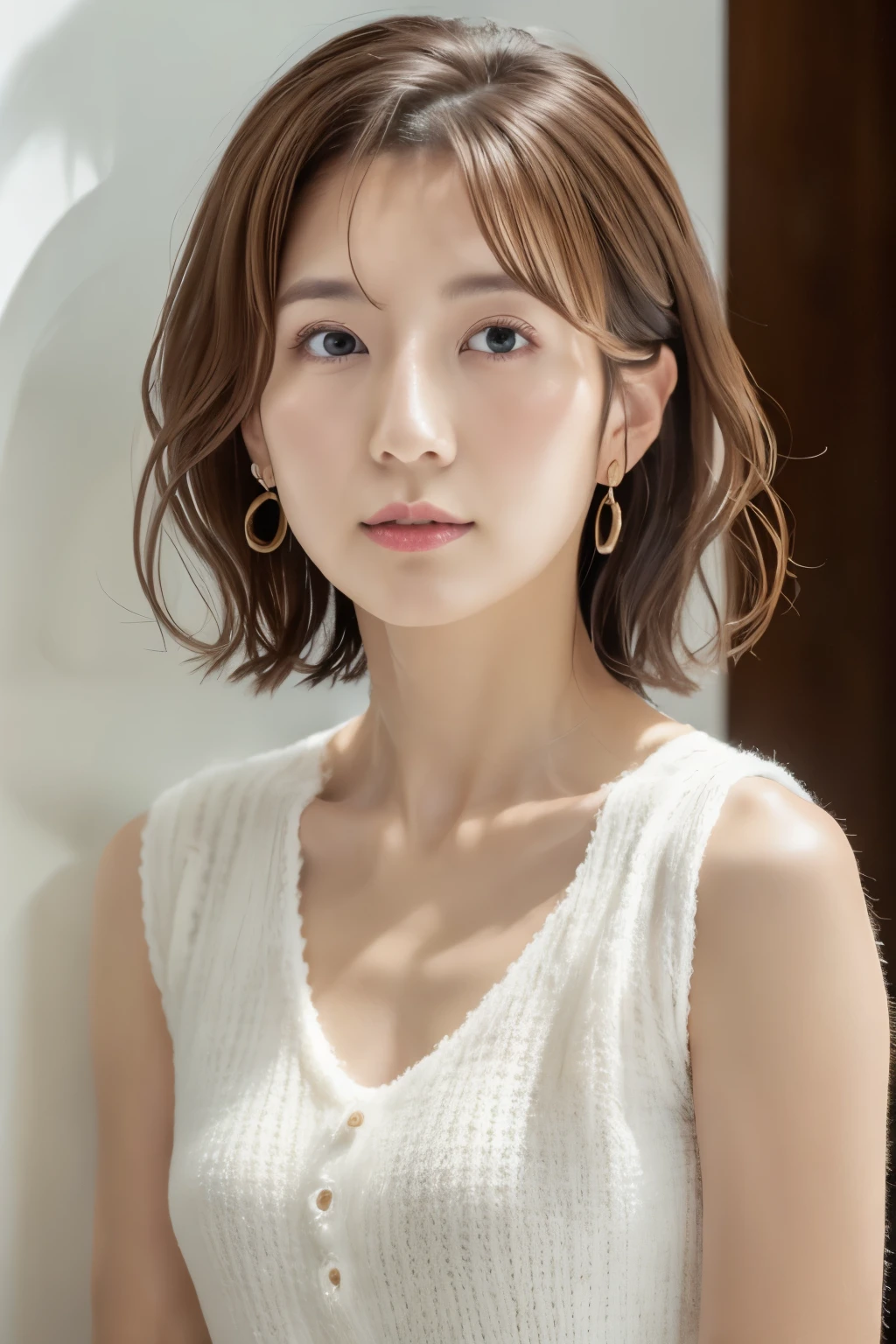 (Highly realistic photos, High resolution, detailed face, fine eyes), Photographed in front of a white wall、japanese woman, 40 years old, Various expressions, alone:1, slim body shape, ((ponytail、up hair, short hair)), white skin, light makeup, Chest 40 inches, swelling of the chest、Wearing a grey knitted dress,Wearing a V-neck dress,serious expression、white wall background, upper body portrait, UHD、Bright white light illumination