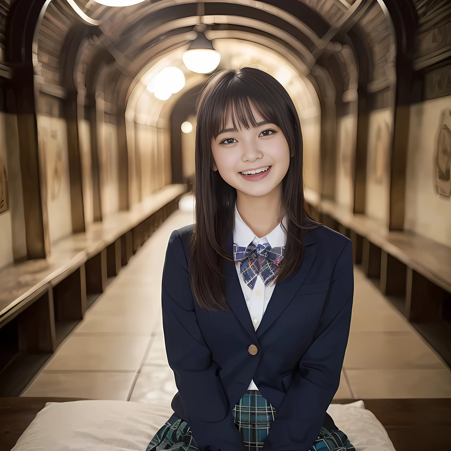 (highest quality、masterpiece:1.2)、highest quality、realistic、photograph、High resolution、1080p、8K、The face is especially pale., physical rendering、((Height: 155cm)), one Japanese girl、((A siren in the form of a 15-year-old Japanese junior high school student is sitting.)), (((((Siren in the form of a beautiful girl fashion model from a Japanese magazine))))), , (((big very detailed beautiful dark brown eyes))), ((blue girly large wine-red glossy polyester Japanese school ribbon bow tie)), (((black very beautiful and very very long straight hair))), ((((deep blue colored tartan checkered formal long pleated pleated skirt)))), ((A unpatterned formal dark blue blazer in solid that is slightly oversized and has an emblem on the left chest.)), ((((((laughing at me!)))))), mouth is open, The large blazer and skirt are very cute., detailed fingers, Slender body, ((curled bangs)), so beautiful, ((Very big and very very very cute eyes of a Japanese girl)), ((large pupils)), double eyelids, The entire skirt is photographed, thin eyebrows, ((drooping eyes)), ((very long eyelashes)), ((cute lovely lovely laughing laughing cheeks)), ((Pure white light hits her face from above and in the front, making her skin and eyes shine beautifully.)), ((Strong light hits the nose and cheeks、It brings out the richness of the expression.)), (((((Her face is expressive, pure and very intelligent.))))), (((looking at the viewer))), (((((At a very gorgeous underground holy sacred room with a very gorgeous and very divine bed)))))