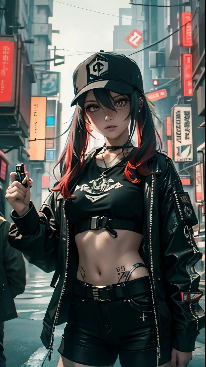 ((Best Quality)), ((Masterpiece)), perfect eyes:1.2, holding a machine gun, detailed eyes:1.4, ((freckles)), woman, hightech visor, high tech, hacker, irezumi, tattoo, techwear, headphones, messy hair, multicolored hair, green hair, black jacket, gradient hair, leather clothes, (machine gun), (High Definition:1.3), 3D, Beautiful (Cyberpunk:1.3), Colored hair, militar, black clothes looking at camera, hacker woman, sticking out, sexual, seduction, neo tokyo