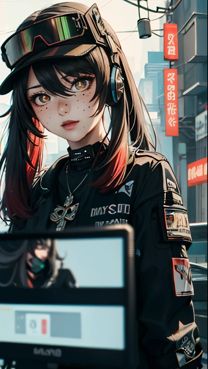 ((Best Quality)), ((Masterpiece)), perfect eyes:1.2, holding a machine gun, detailed eyes:1.4, ((freckles)), woman, hightech visor, high tech, hacker, irezumi, tattoo, techwear, headphones, messy hair, multicolored hair, green hair, black jacket, gradient hair, leather clothes, (machine gun), (High Definition:1.3), 3D, Beautiful (Cyberpunk:1.3), Colored hair, militar, black clothes looking at camera, hacker woman, sticking out, sexual, seduction, neo tokyo