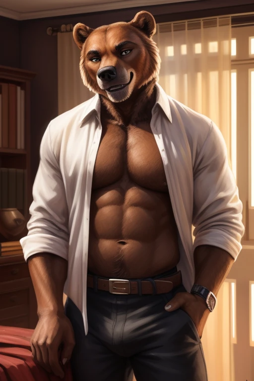 ((solo)), male, anthro (brown bear), ((white shirt, black slacks, open shirt, exposed torso, massive erection in pants, belt)), ((standing, modern bedroom, detailed background)), ((muscular, beefy:1.4)), by personalami, by ruardri, by thebigslick, by kenket, big nipples, (epic, masterpiece, high quality, correct anatomy:1.2), (posing), (belly), (smile), ((mature male))