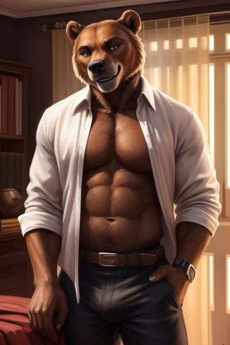 ((solo)), male, anthro (brown bear), ((white shirt, black slacks, open shirt, exposed torso, massive erection in pants, belt)), ...