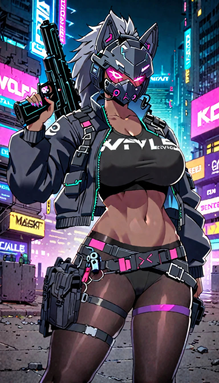 Cyberpunk High Tech Tactical Werewolf Mask Helmet Steel Wolf Clawsl dark skin Super huge breasts black sports top Cyberpunk black tights black jacket High-tech gun sci-fi city full-body shot Mature woman