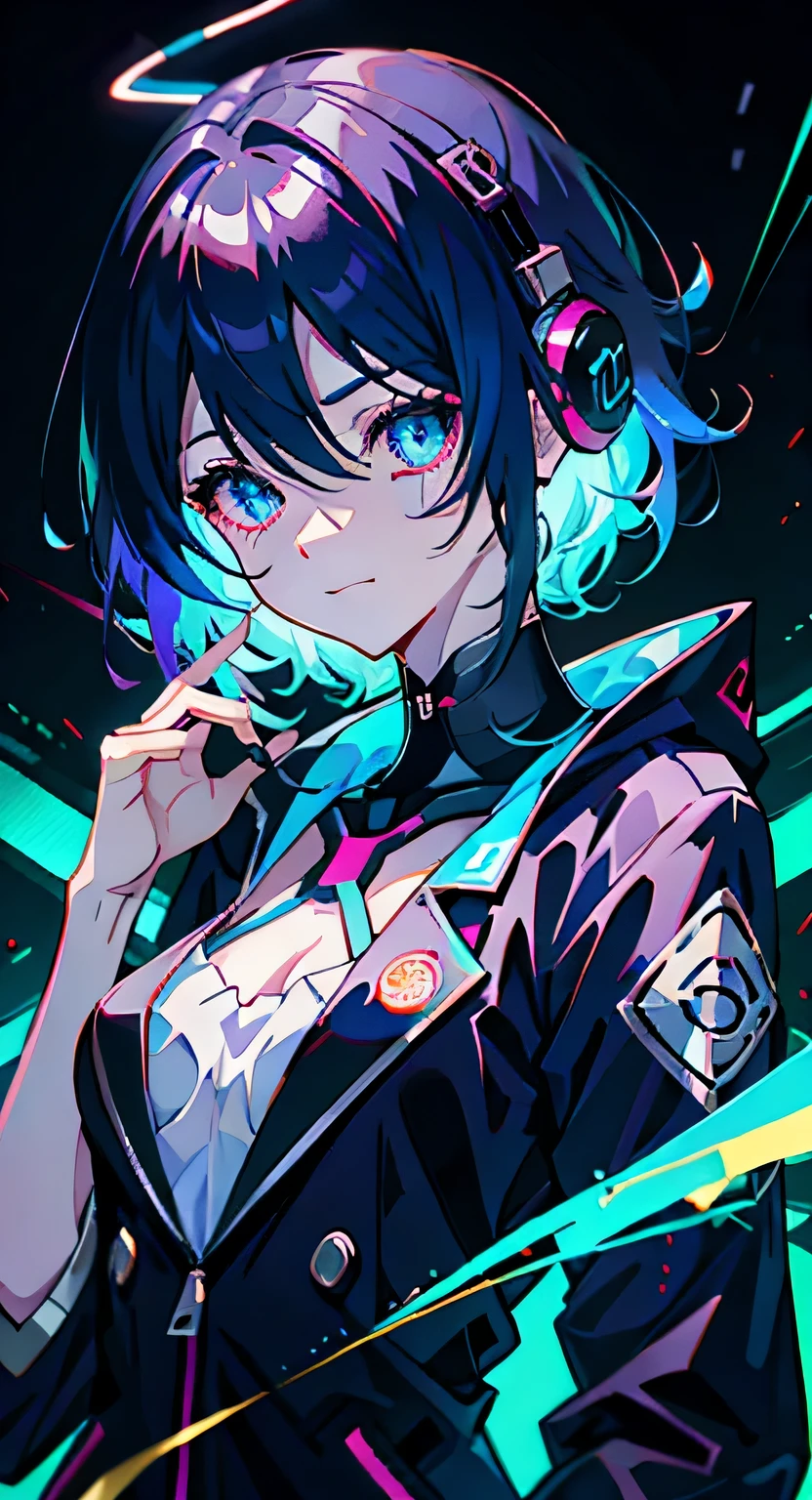 Anime girl medium hair, wearing a suit, The eyes are glaring sharply、A scheming smile, neon blue hair, scar, sticker, Overall shot in neon style, whole body、  headphone、Place both hands on either side of your face、Looking down from above