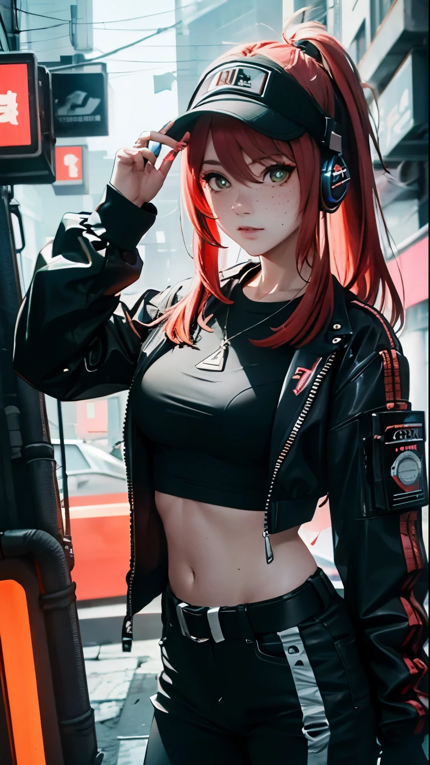 ((Best Quality)), ((Masterpiece)), perfect eyes 1:2, detailed eyes:1.4, ((freckles)), woman, hightech visor, high tech, hacker, irezumi, tattoo, techwear, headphones, messy hair, multicolored hair, green hair, black jacket, gradient hair, leather clothes, (High Definition:1.3), 3D, Beautiful (Cyberpunk:1.3), Colored hair, militar, black clothes looking at camera, hacker woman, sticking out, sexual, seduction, neo tokyo