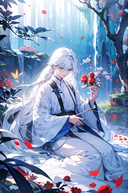 1boys，（long whitr hair），Pale teenager，Dark clothes，（（（Rose blanche））），white  shirt，The screen contrast is low，High brightness，Long white hair，Rose flower，bloods，Light blue leaves，softlighting，misterious ambience，Chinese landscape, En plein air, Flowers and trees, waterfallr,butterflys， Portrait, color difference, Depth of field, dramatic shadow, Ray tracing, Best quality, Cinematic lighting, Extremely detailed CG, 8K wallpaper,，