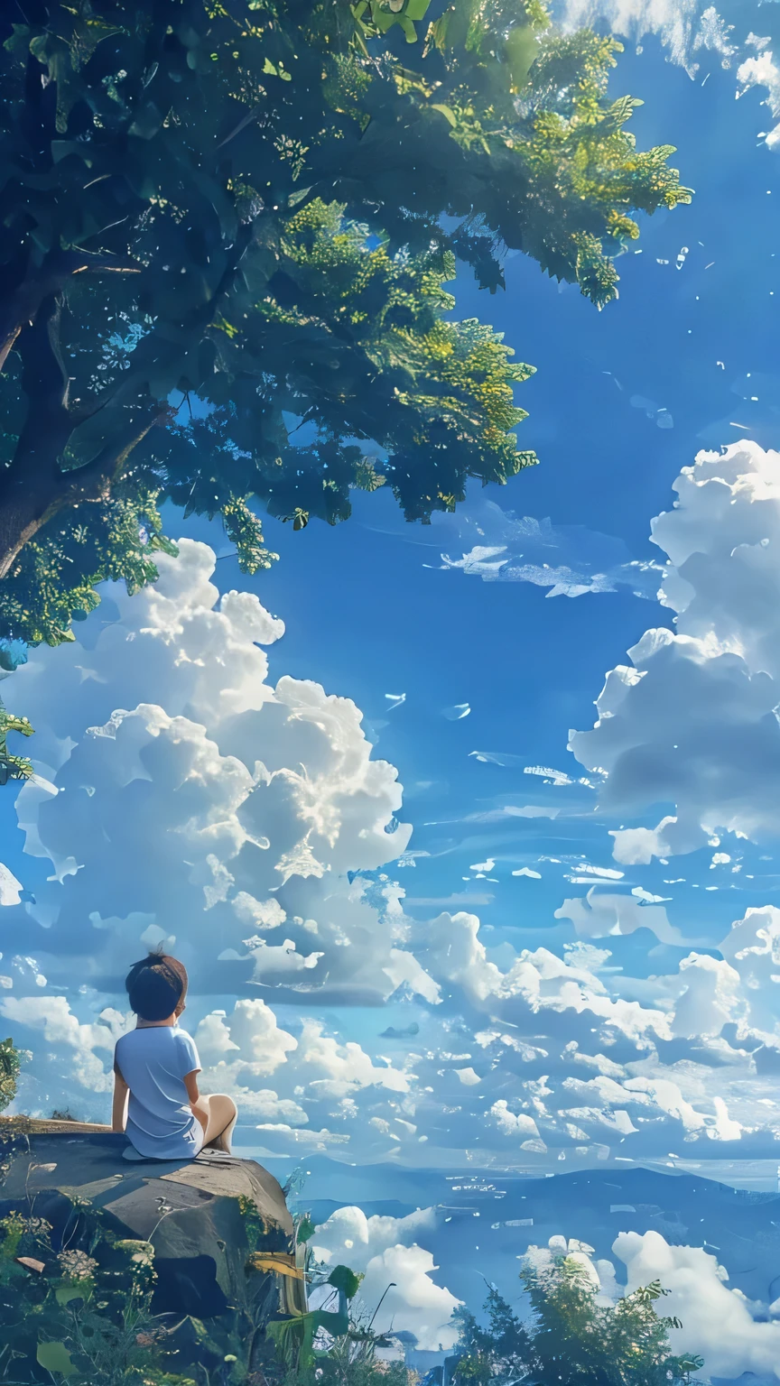 Anime boy sitting on a rock looking at the sky - SeaArt AI